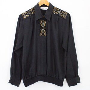 Vintage YVES ST. CLAIR Shirt Womens Black Button Front Western Embroidered Sz 14